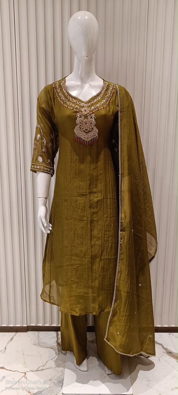 Pure Banaras Mull Chanderi Mahendi Green 3pc Set