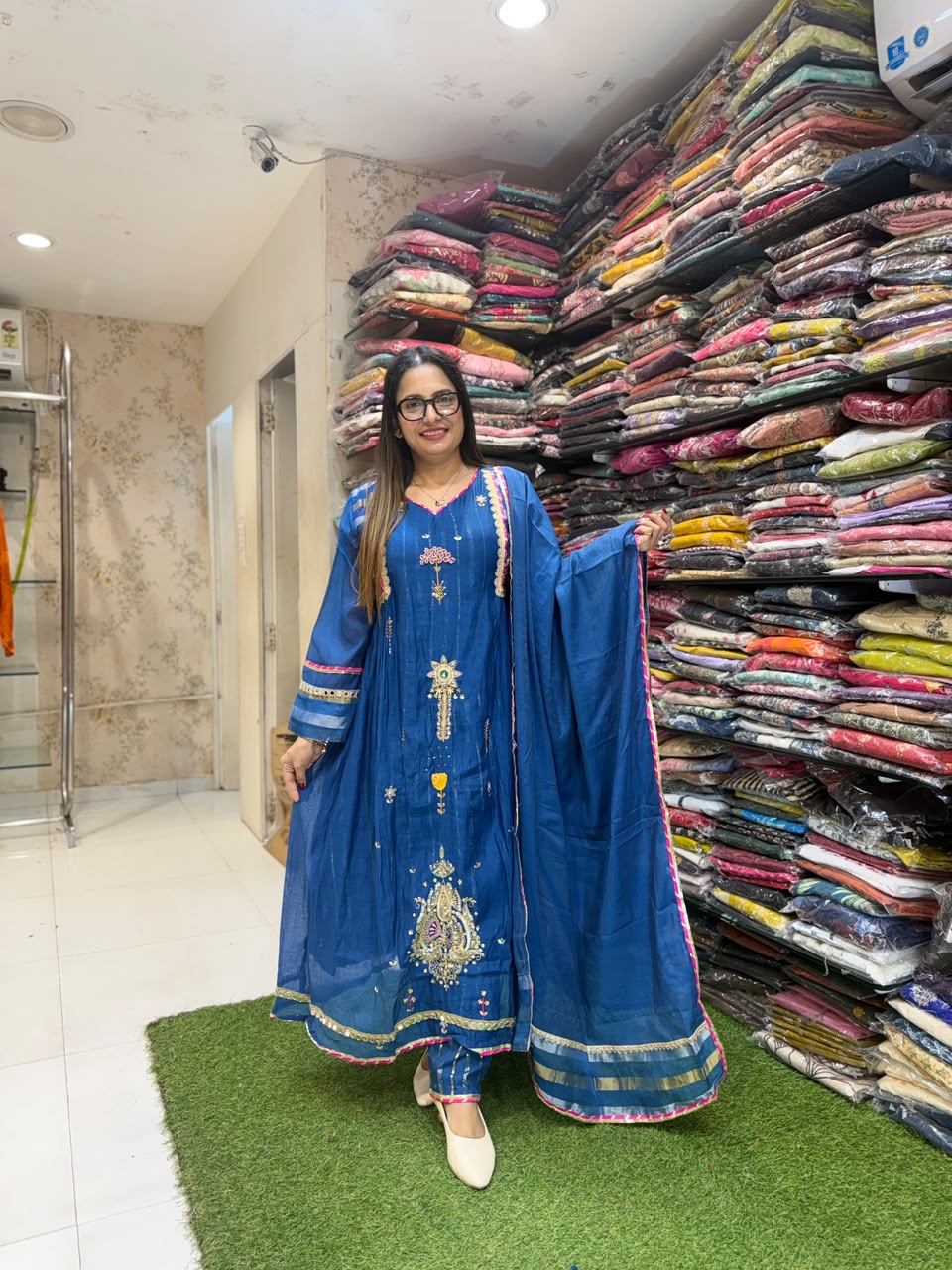Pure Banaras mull Chanderi Blue 3pc Set