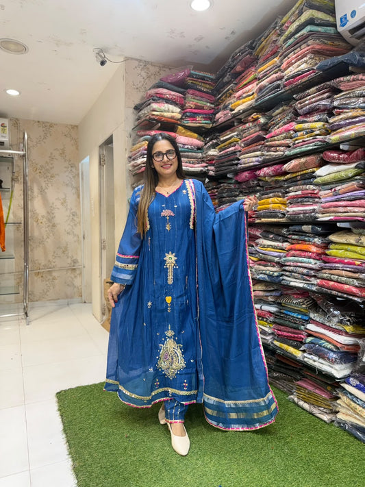 Pure Banaras mull Chanderi Blue 3pc Set