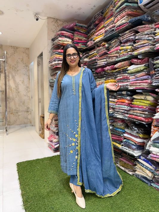 Pure Handloom Cotton Blue Applique work 3pc Set