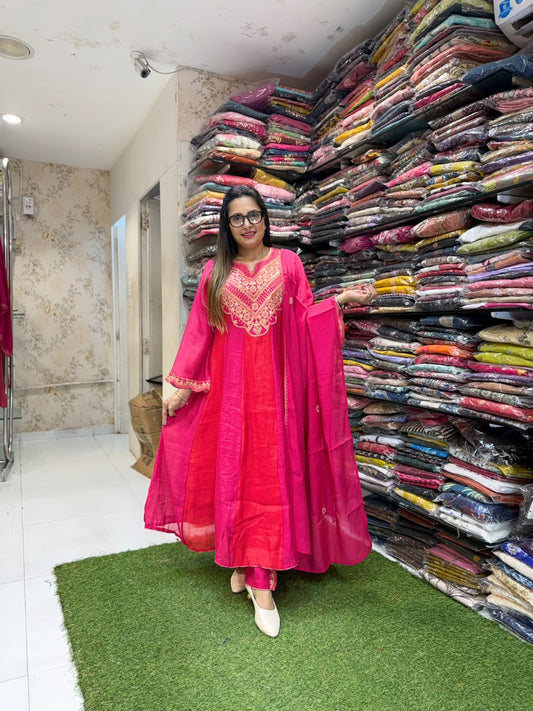 Viscose Mull Chanderi Anarkali 3pc Set