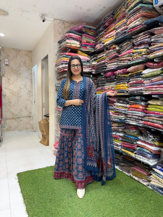 Pure Cotton Sharara Blue 3pc Set ( Dispatch by 22nd October)