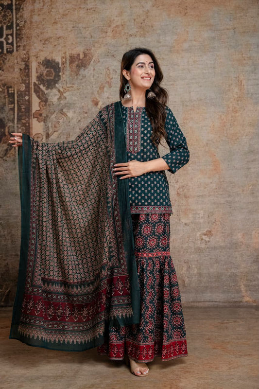 Pure Cotton Sharara Green 3pc Set ( Dispatch by 22nd October)
