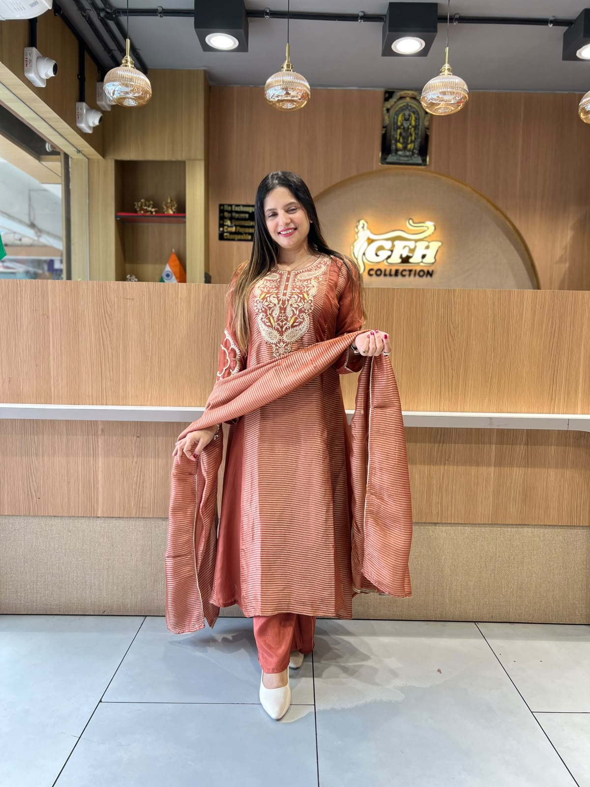 Pure Banaras Mull Chanderi Brown 3pc Set
