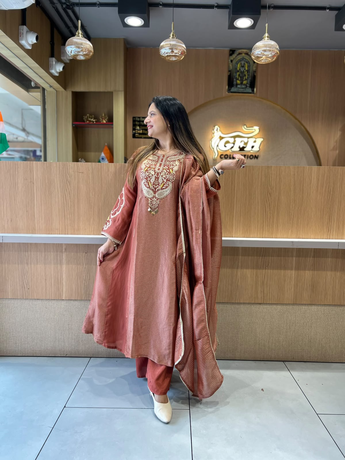 Pure Banaras Mull Chanderi Brown 3pc Set