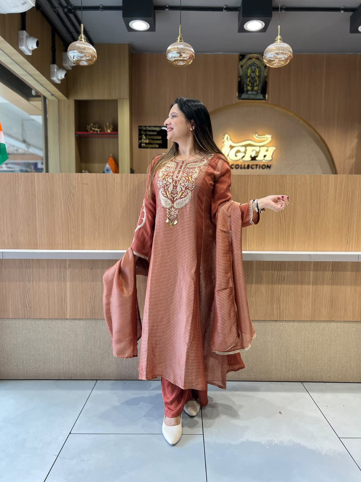 Pure Banaras Mull Chanderi Brown 3pc Set
