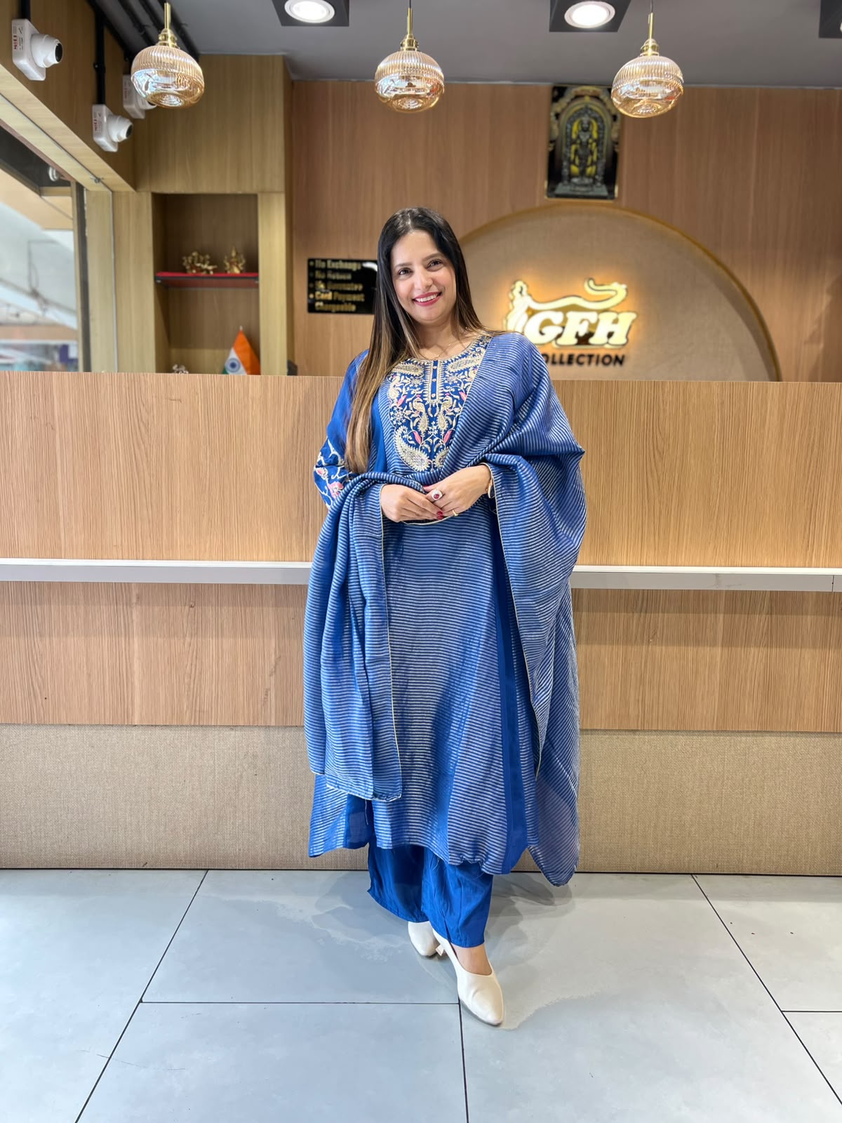 Pure Banaras Mull Chanderi Blue 3pc Set