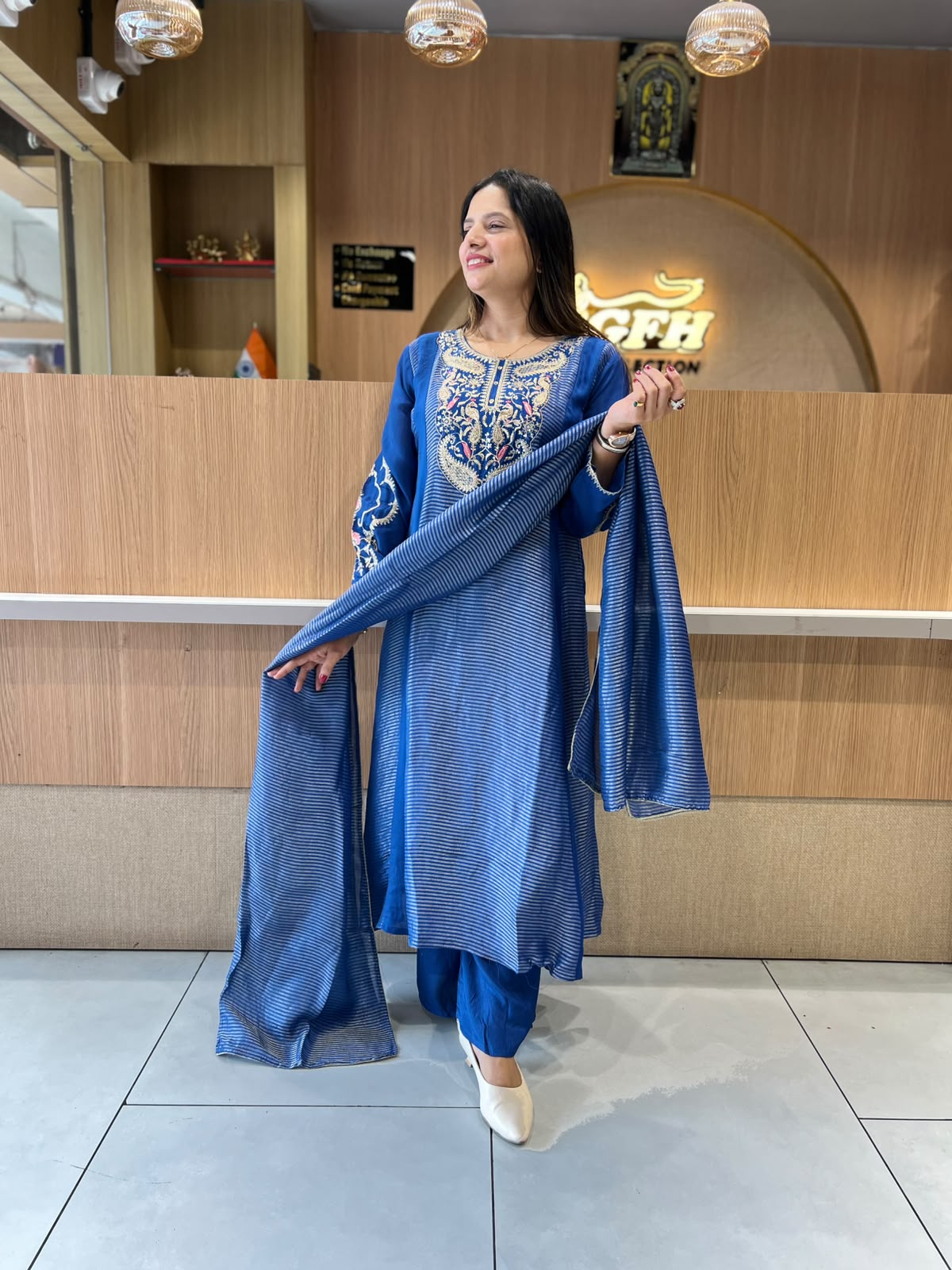 Pure Banaras Mull Chanderi Blue 3pc Set