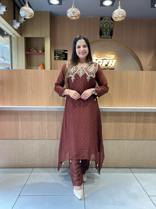 Pure Viscoce Organza Brown 3pc Set