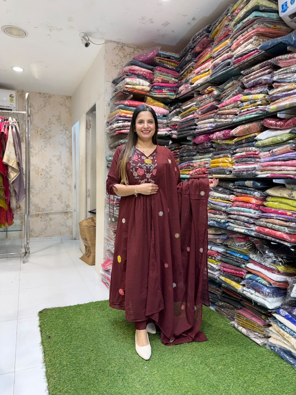 Pure Mull Cotton Wine Anarkali 3pc Set
