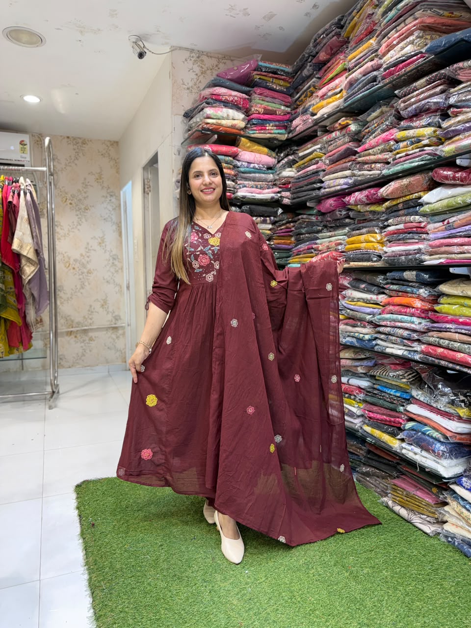 Pure Mull Cotton Wine Anarkali 3pc Set