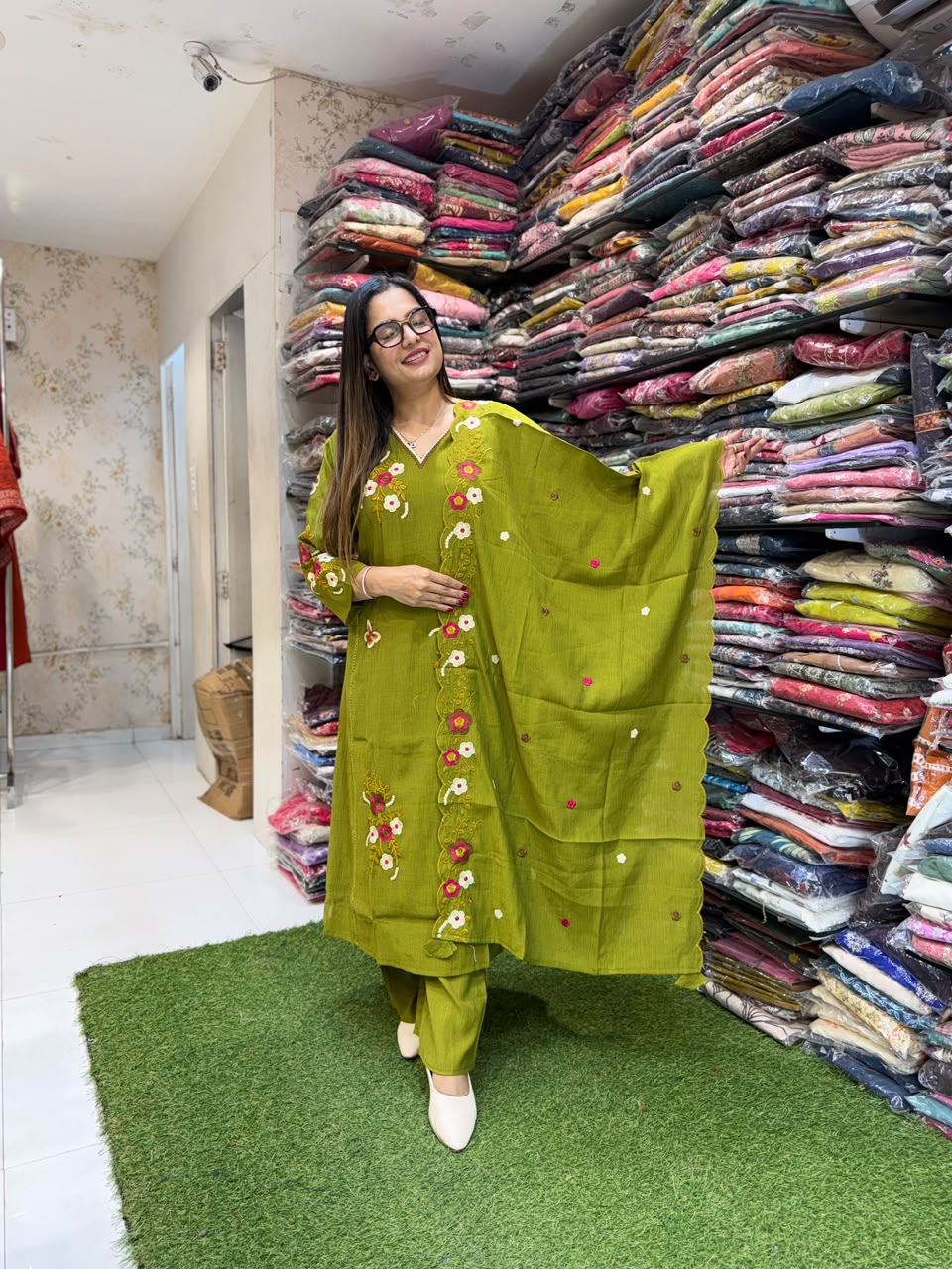 Pure Crush Mull chanderi Green 3pc Set