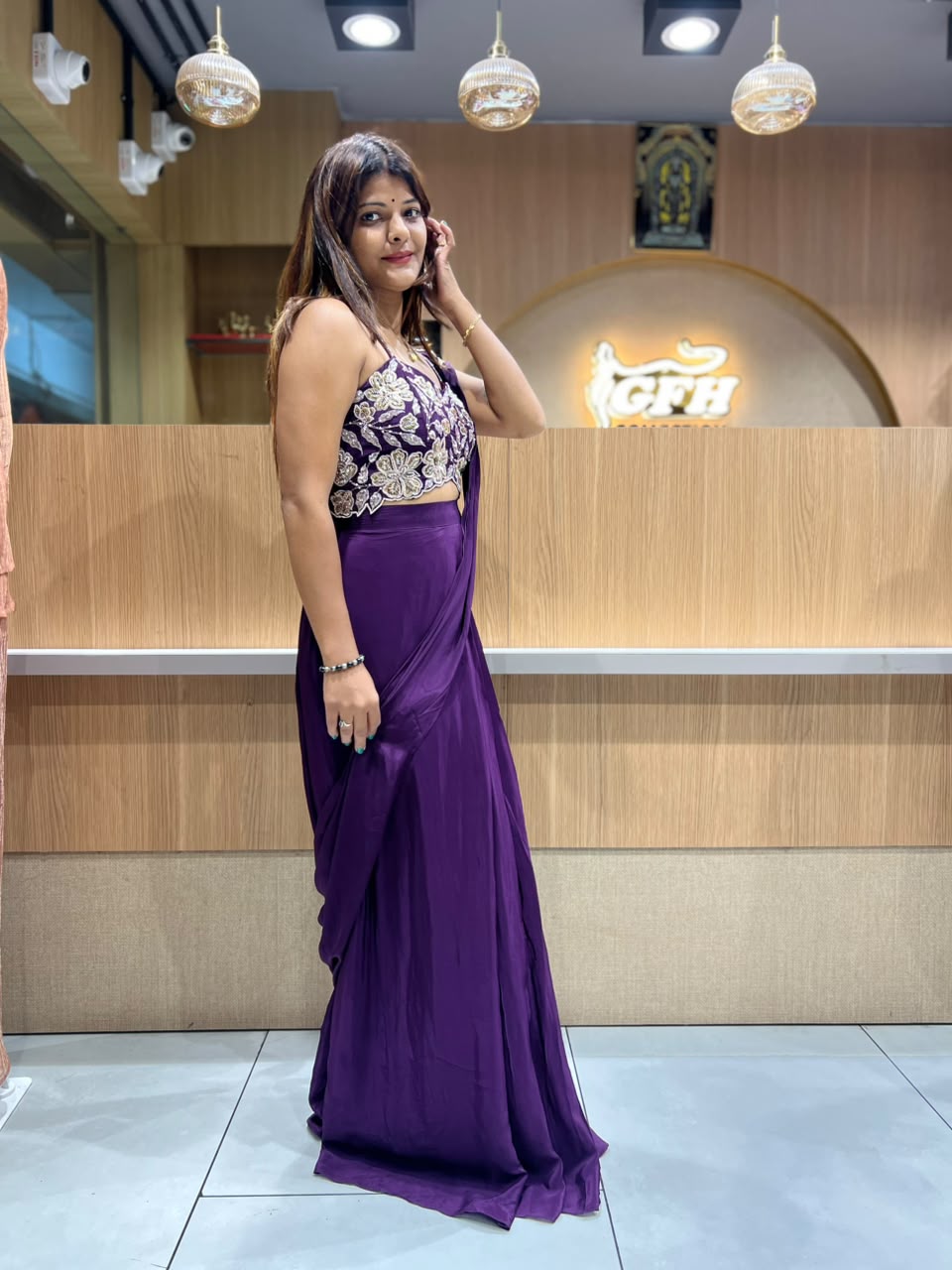 Pure Crep Dark Purple Drep Saree