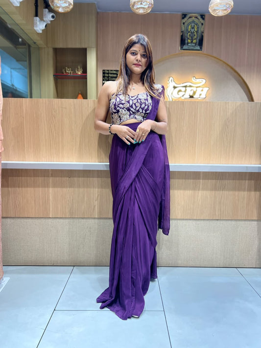 Pure Crep Dark Purple Drep Saree