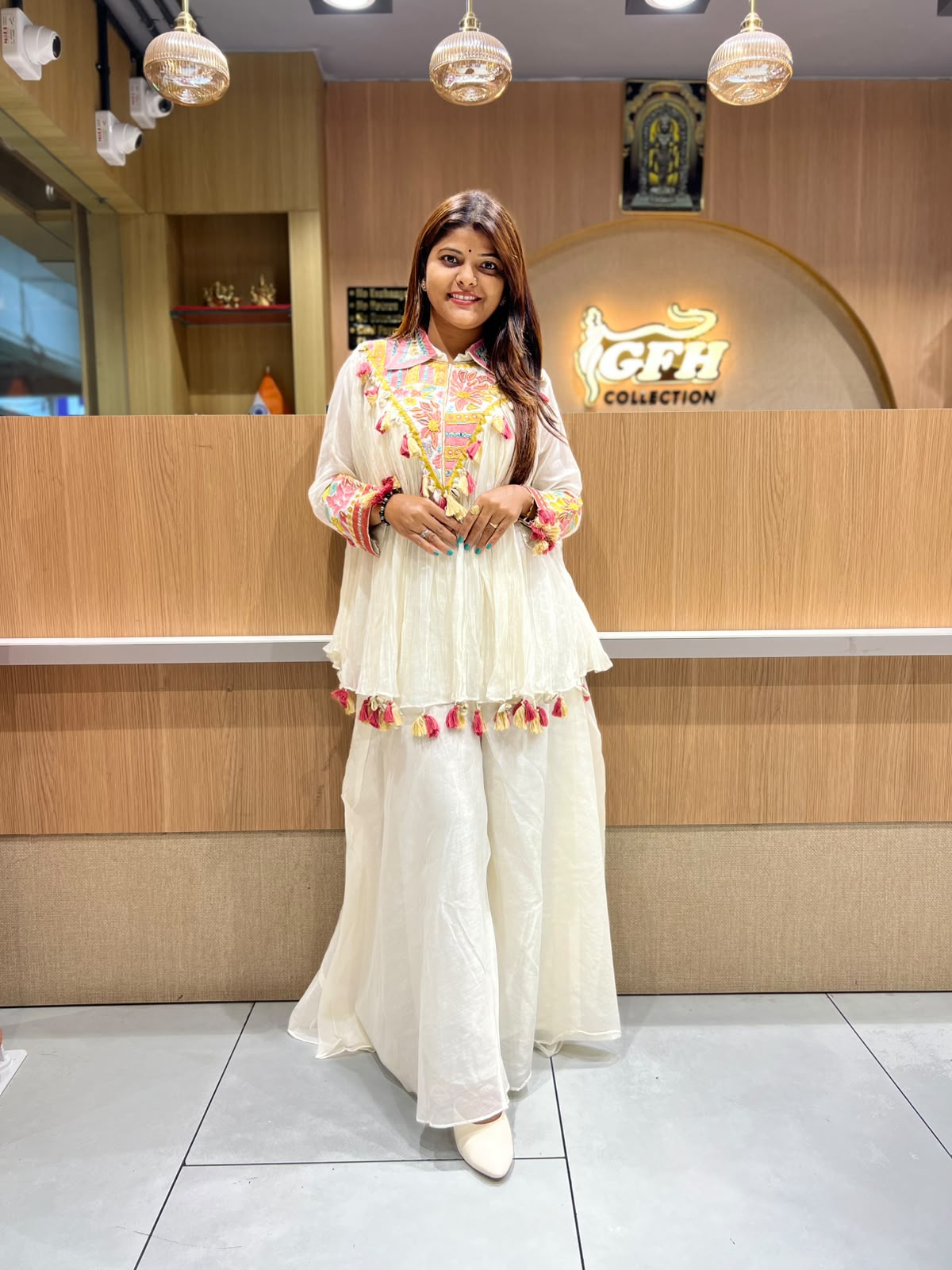 Pure Banaras Mull Chanderi Off White 3pc Set (Indo Western)