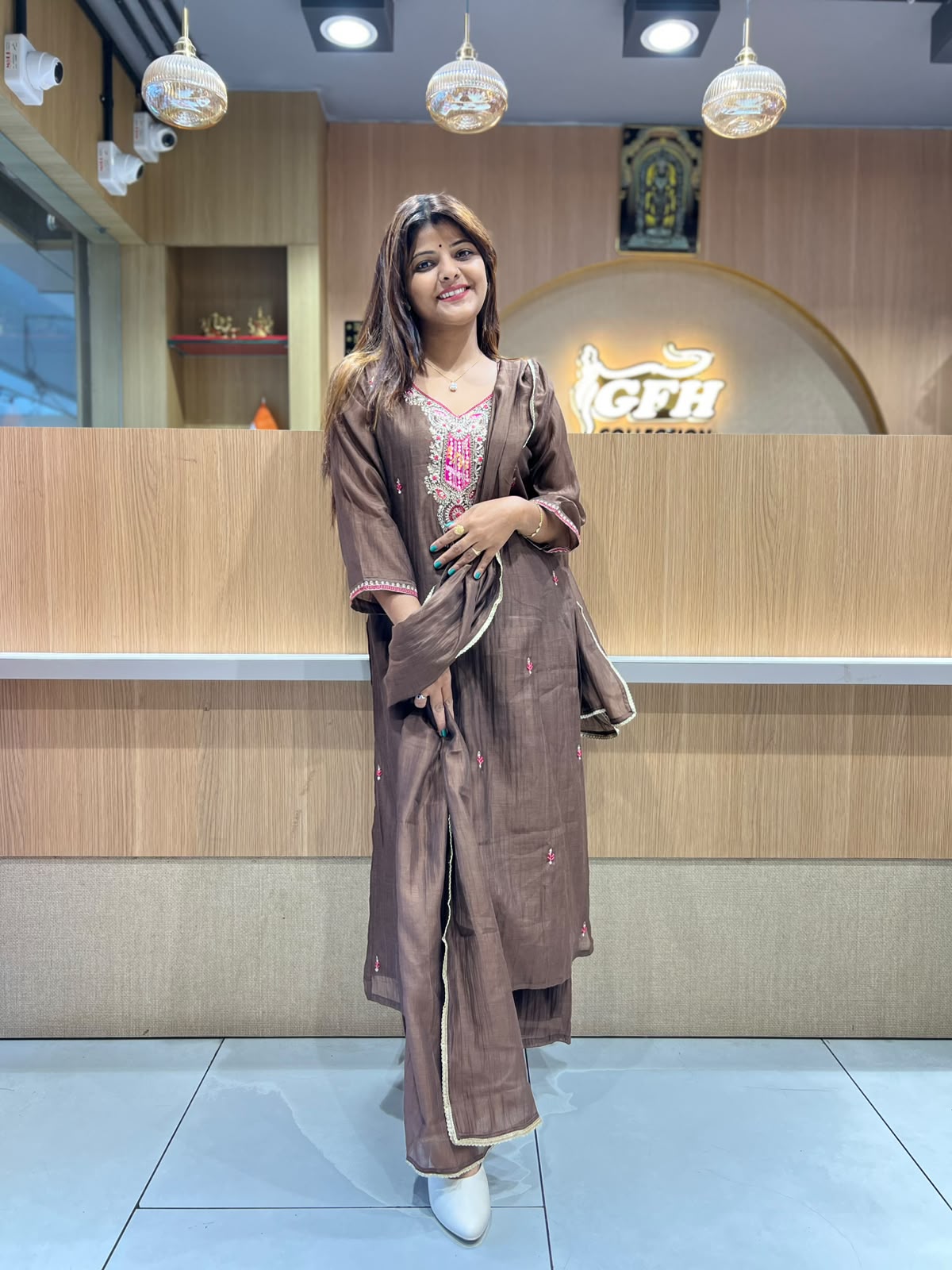 Pure Banaras Mull Chanderi Brown 3pc Set