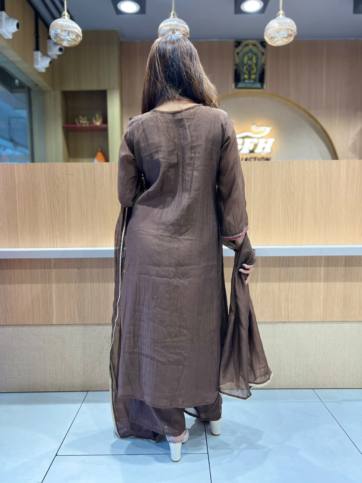Pure Banaras Mull Chanderi Brown 3pc Set