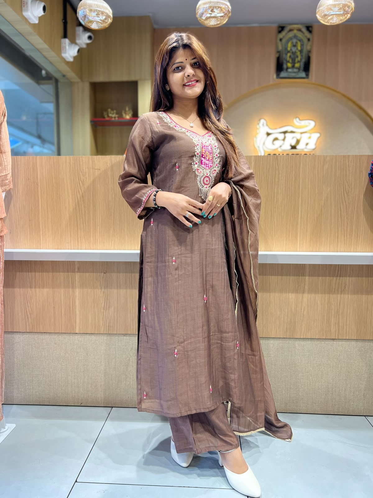 Pure Banaras Mull Chanderi Brown 3pc Set
