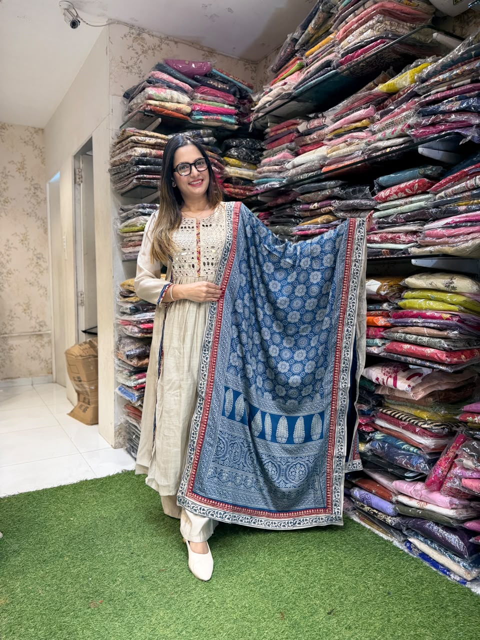 Pure Raw Silk Blue And Dusty Off White 3pc Set
