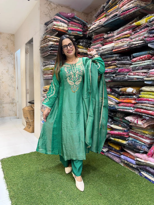 Pure Banaras Mull Chanderi Green 3pc Set