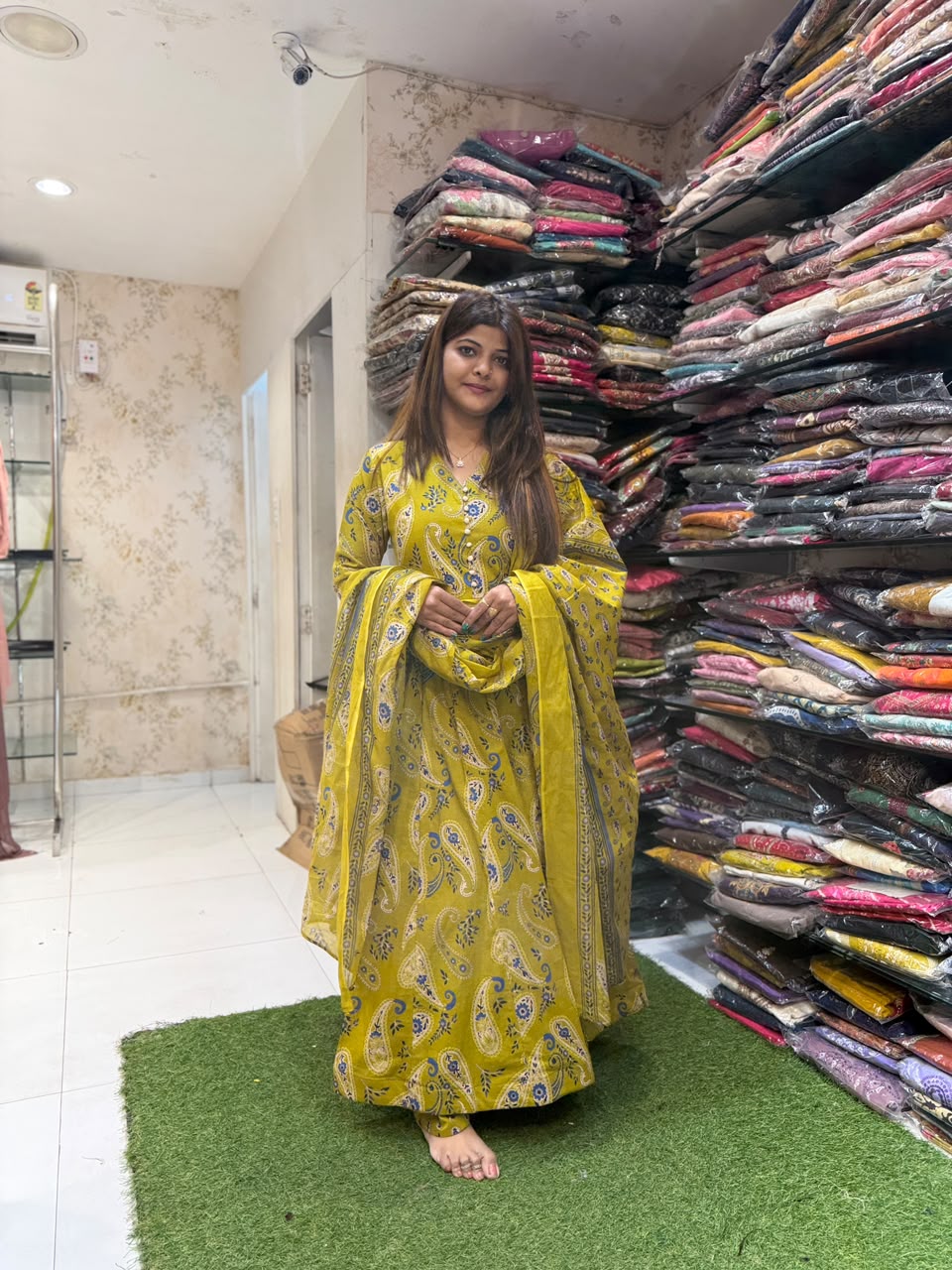 Pure Cotton Chatni Green 24kali Anarkali 3pc Set