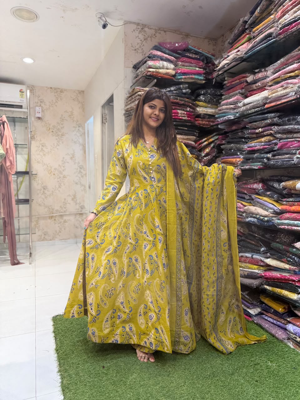 Pure Cotton Chatni Green 24kali Anarkali 3pc Set