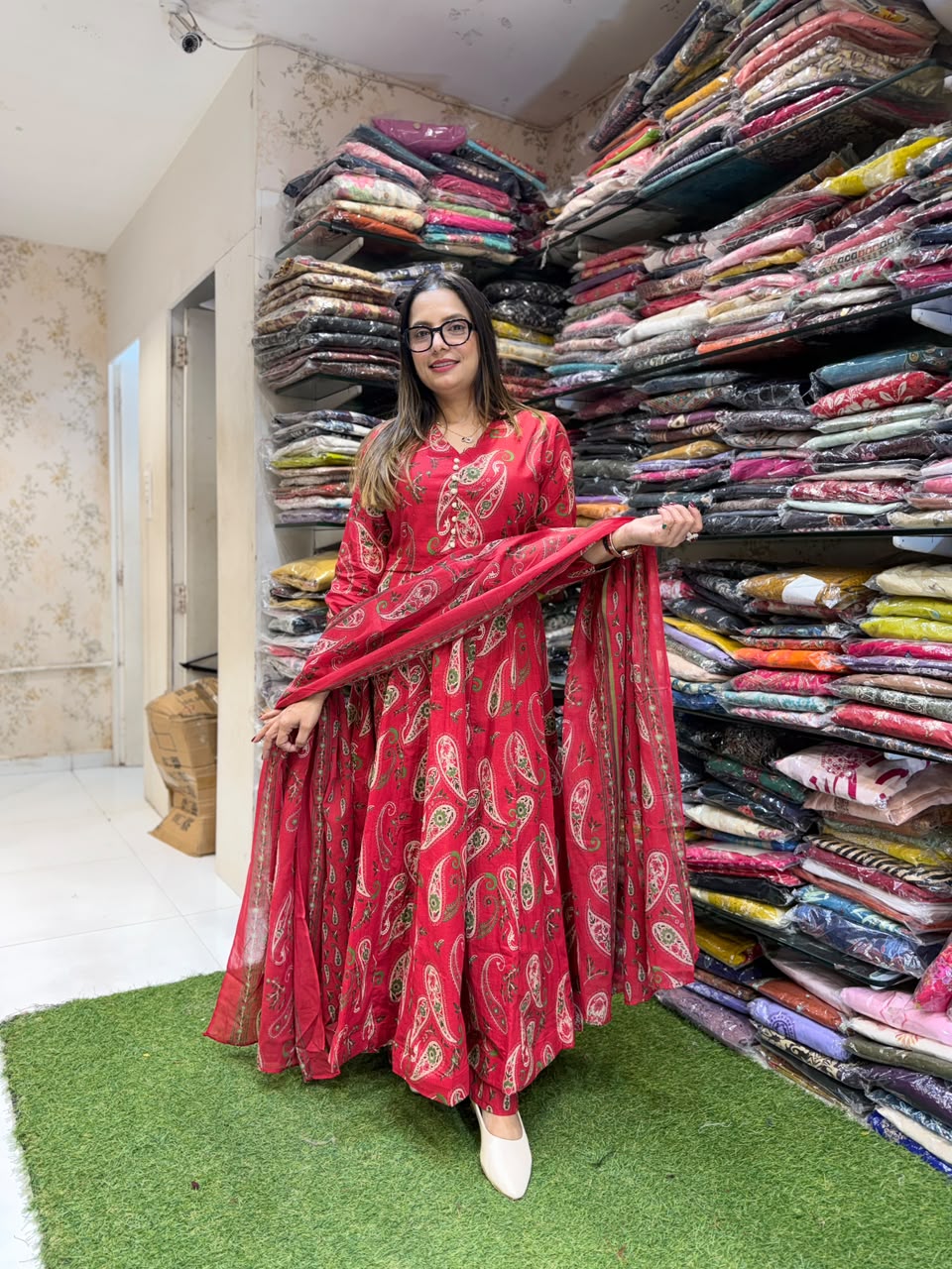 Pure Cotton Red 24kali Anarkali 3pc Set
