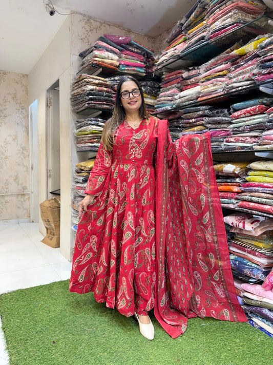 Pure Cotton Red 24kali Anarkali 3pc Set