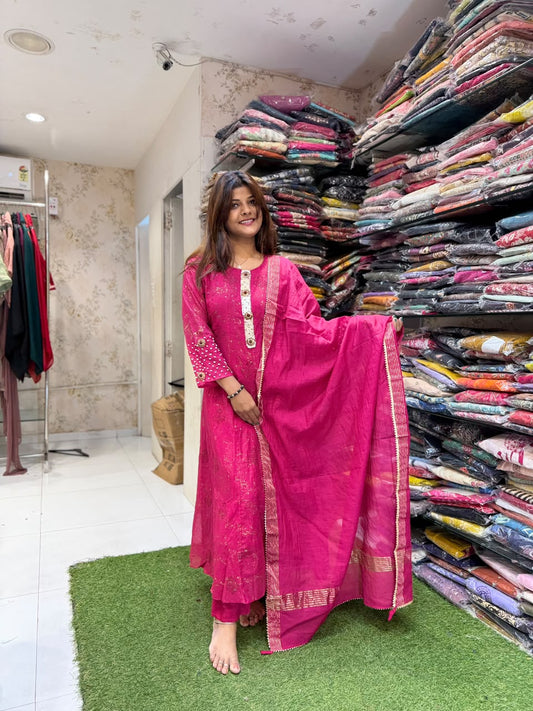 Pure Banaras Mull Chanderi Mazenta Pink 3pc Set