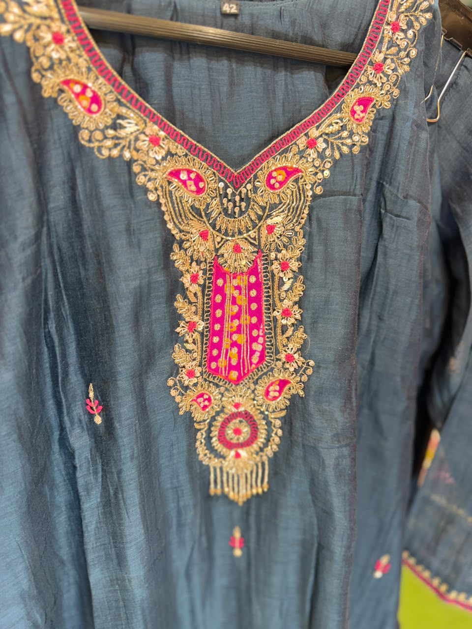 Pure Banaras Mull Chanderi Blue 3pc Set