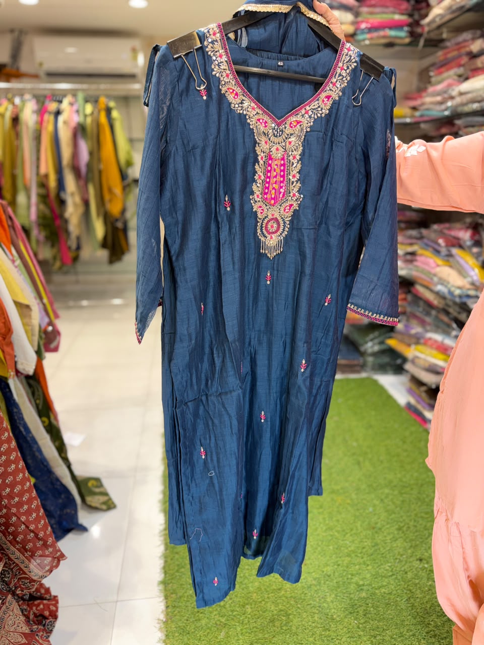 Pure Banaras Mull Chanderi Blue 3pc Set