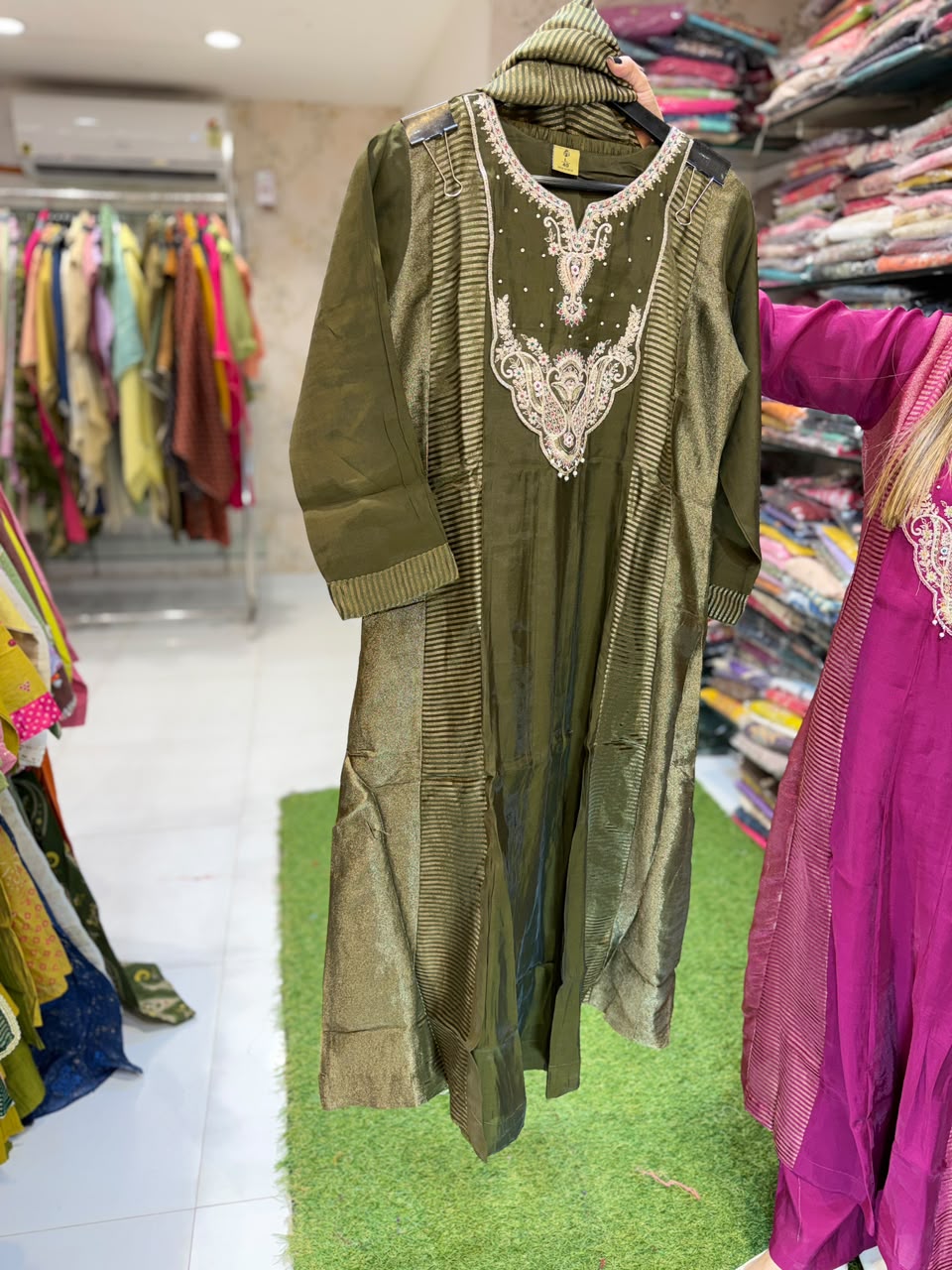 Pure Raw Silk Olive Green 3pc Set