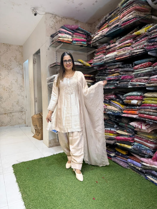 Pure Kanjiwaram Silk Farsi Salwar Ivory 3pc Set