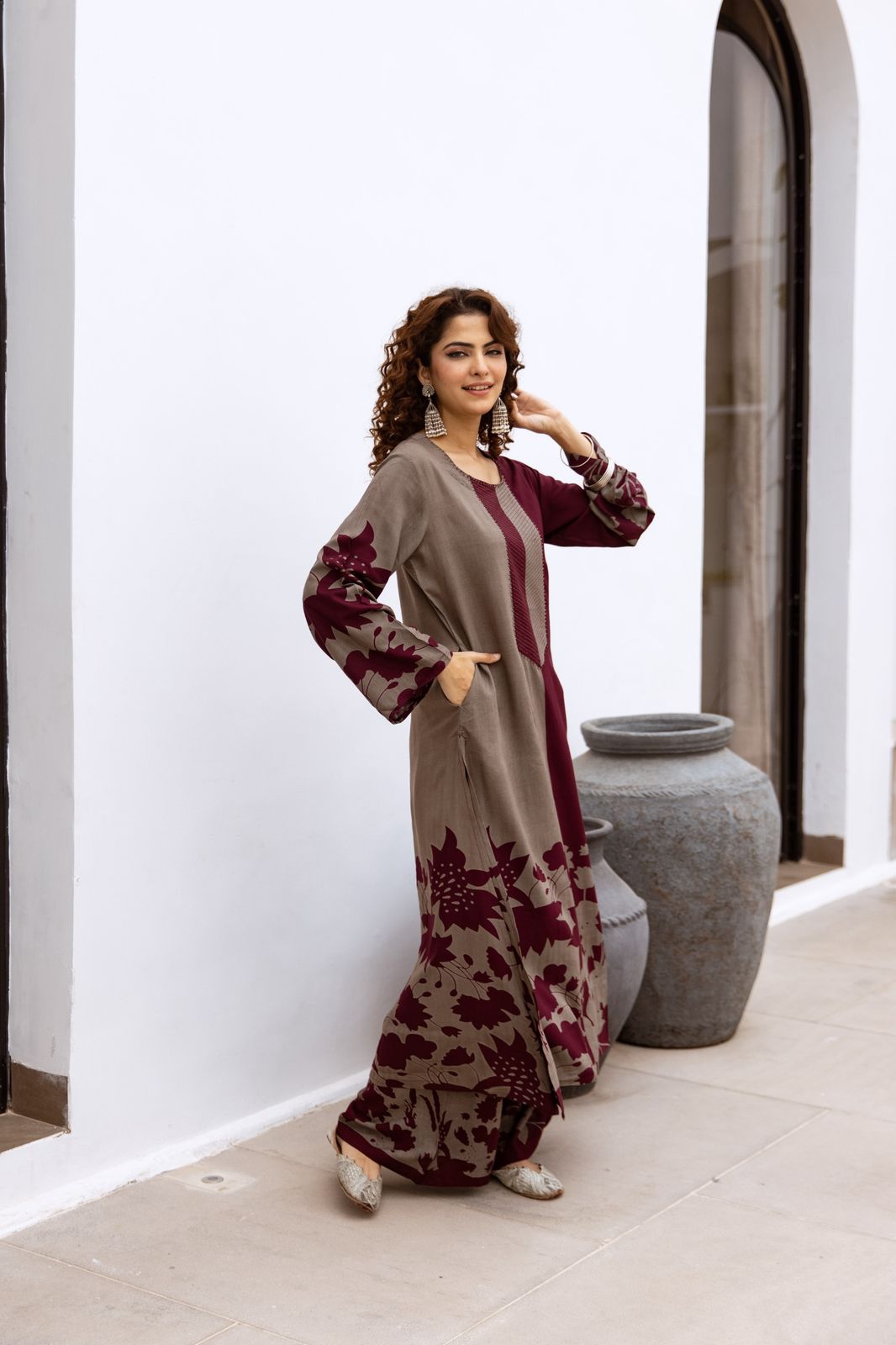Premium Viscose German Rayon Long Co-ord Set with C-Cut Pattern Plum Wine, grey combination