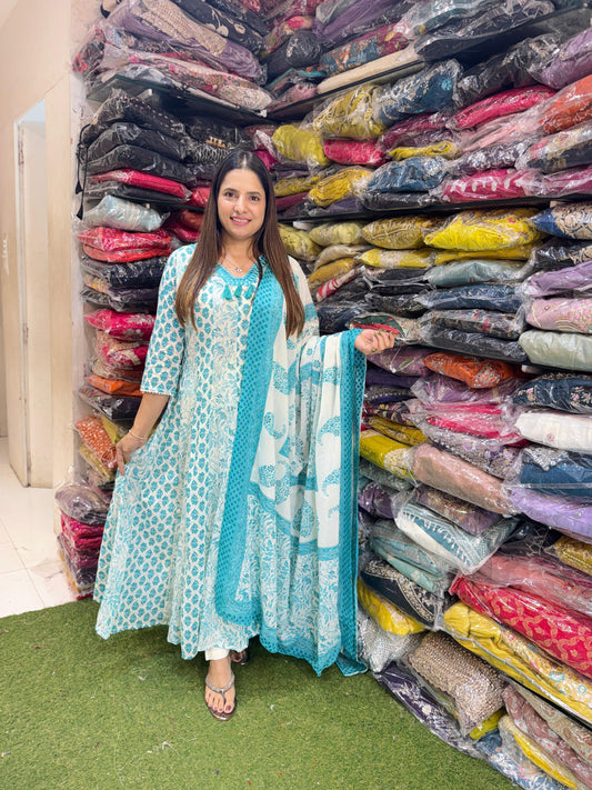 Pure Mull Cotton Shoulder Anarkali - Firozi Blue colour
