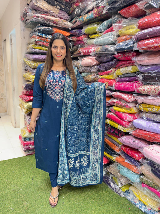 Pure Cotton 3pc Set Embrodeiry Work Blue Color