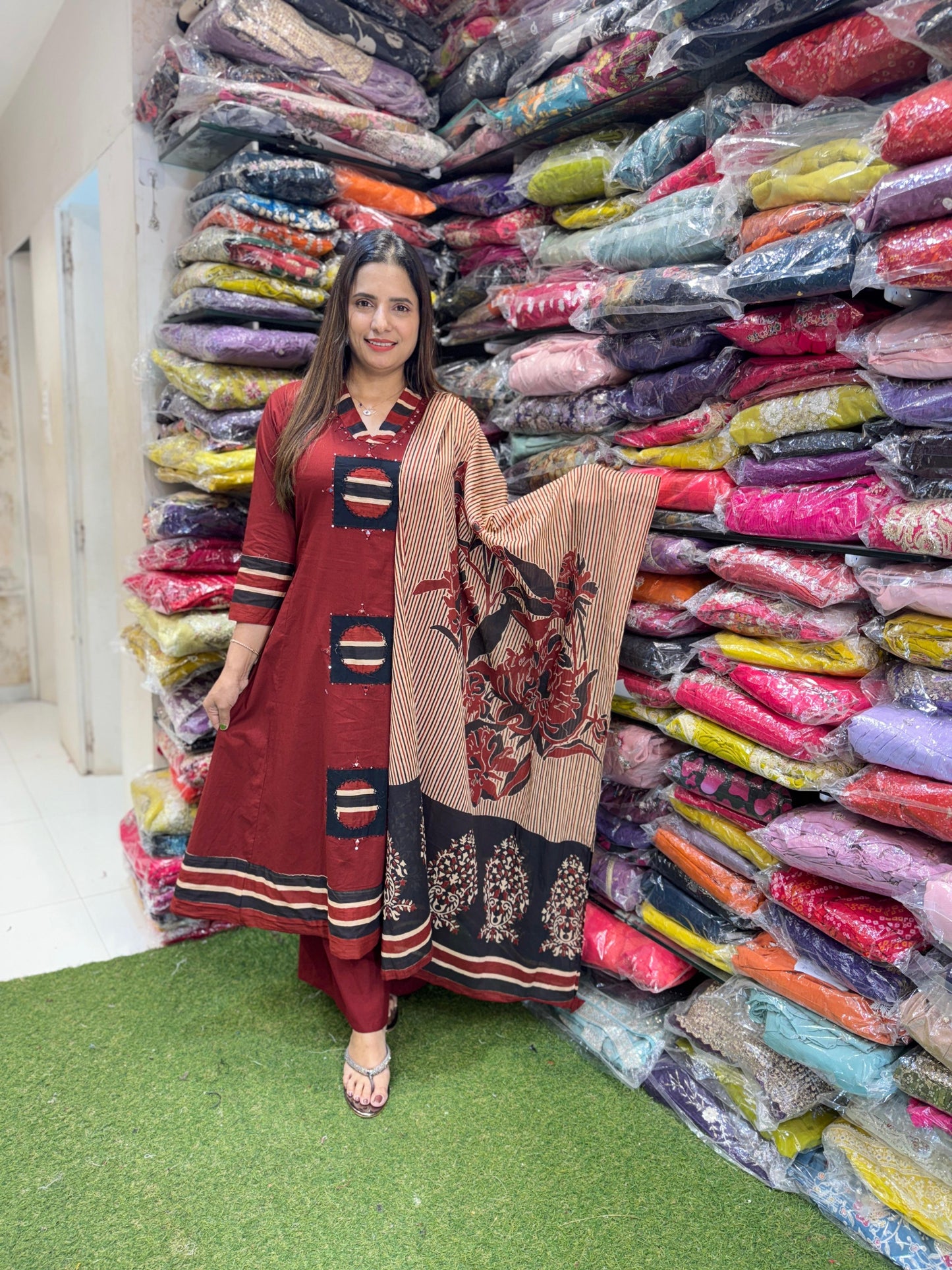 Pure Cotton 3 pc set V neck pattern Red Color