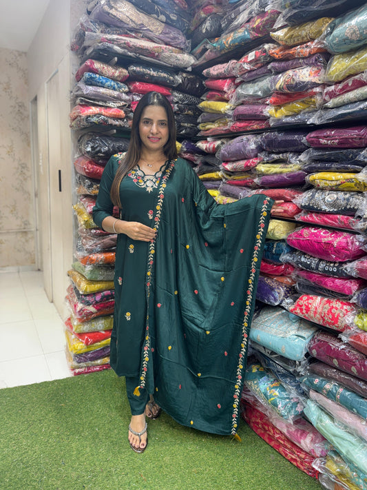 Pure Gaji Silk 3pc Set Embrodeiry Work Green Color