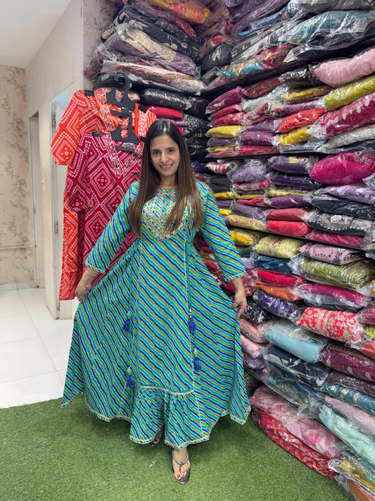 Pure Cotton Midi Laheriya Print Embrodeiry Work Rama Green Color