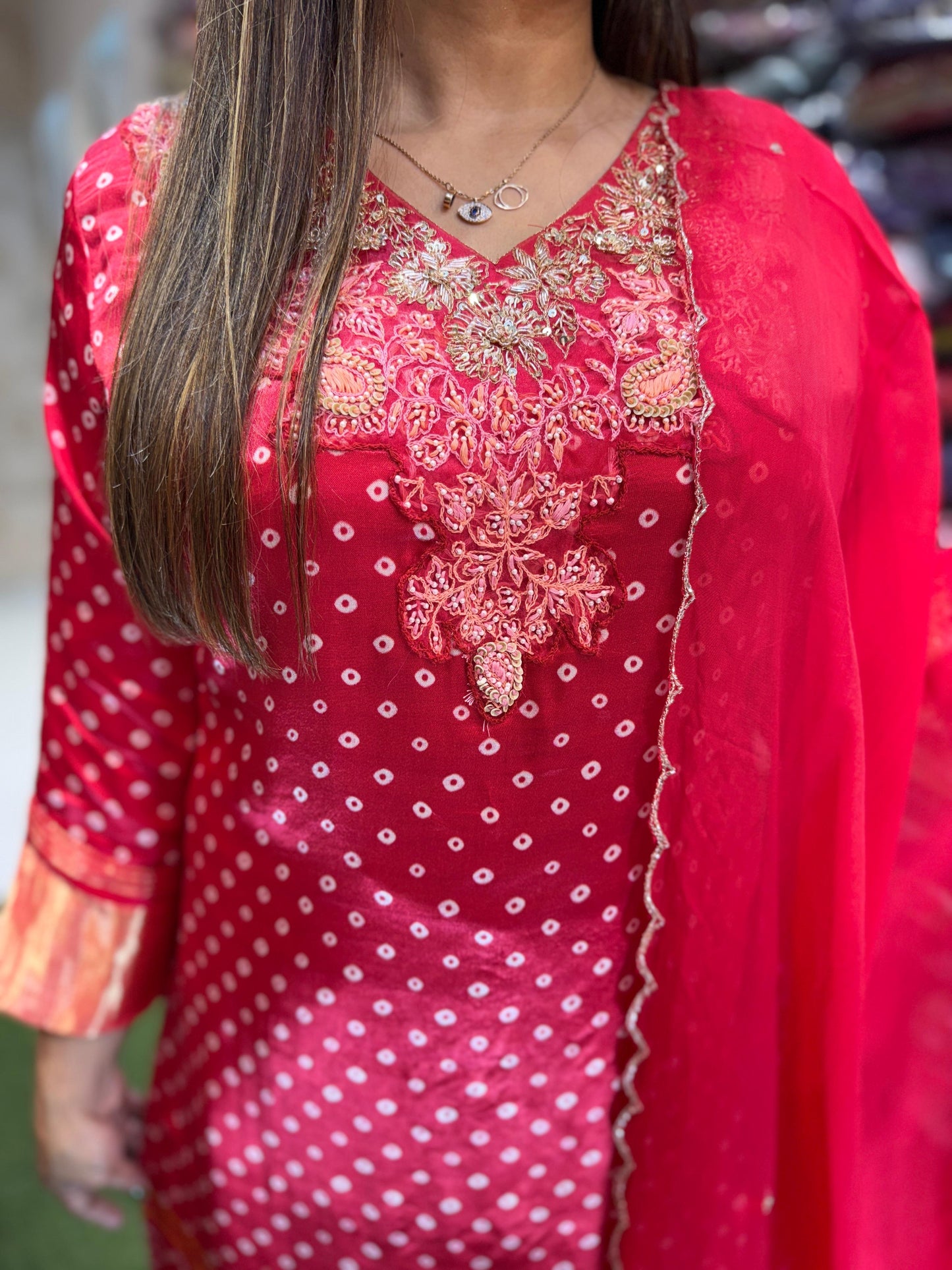 Pure Satin Gaji Silk 3pc Set Lagdi patta Bandhej Print Red Color