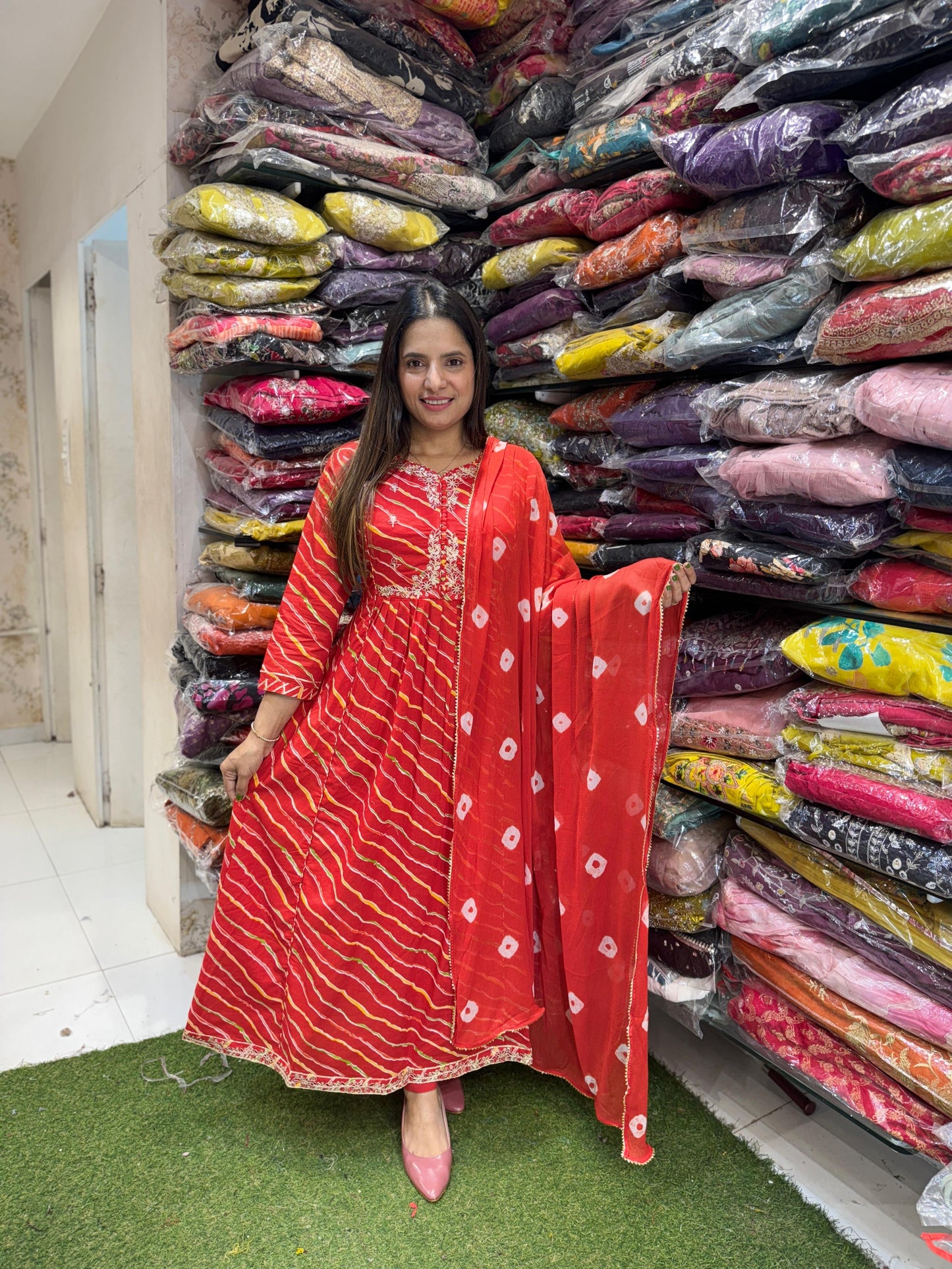 Pure Cotton 3pc Set Thread Work Anarkali Leheriya Print Red Color