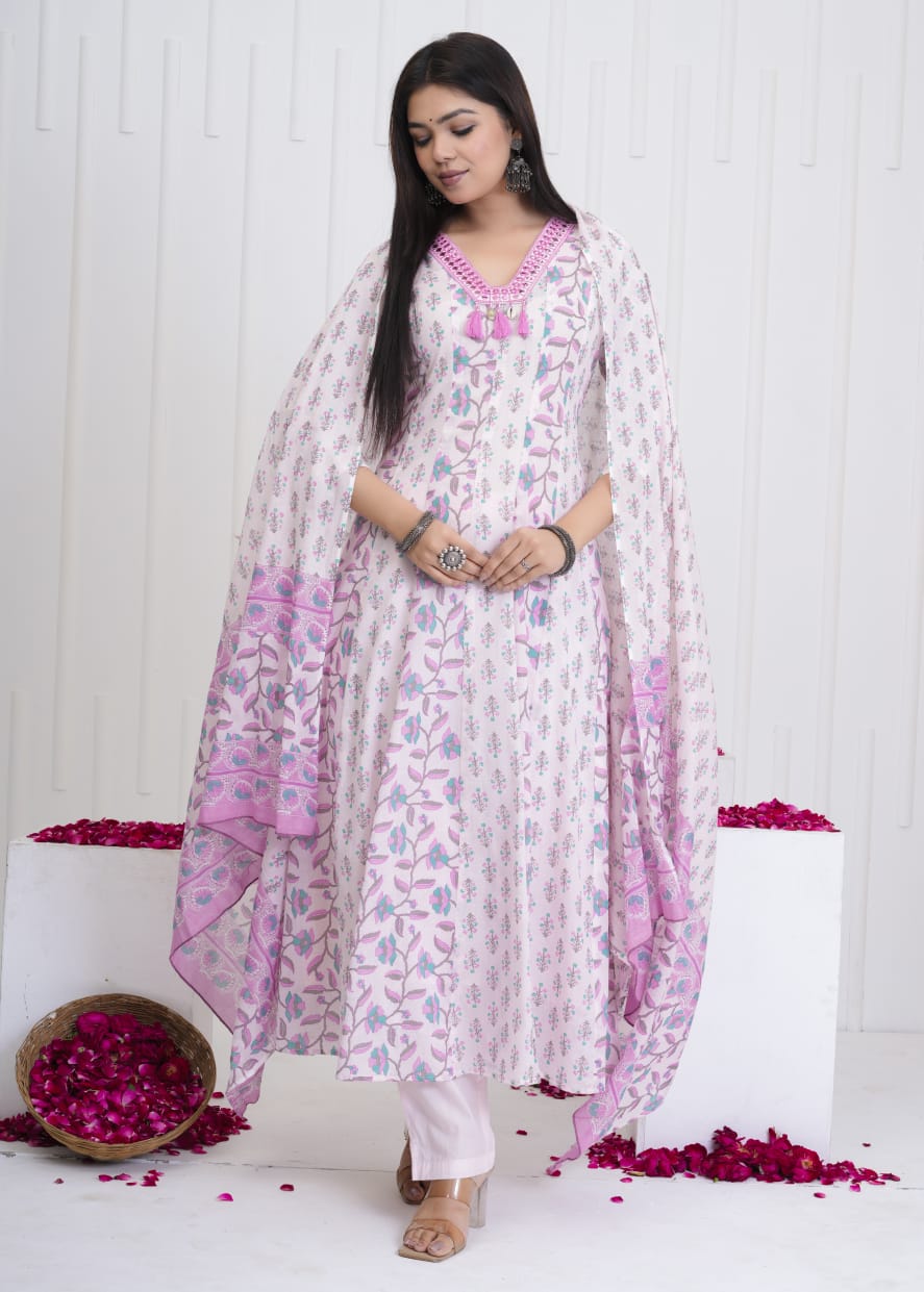 Pure Mull Cotton Shoulder Anarkali Baby Pink Color