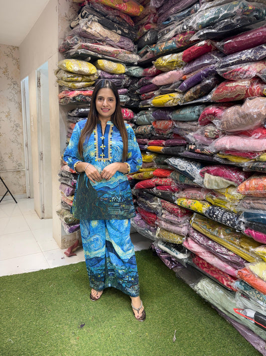 Pure Linen Silk Floral Print Cordset Blue Color