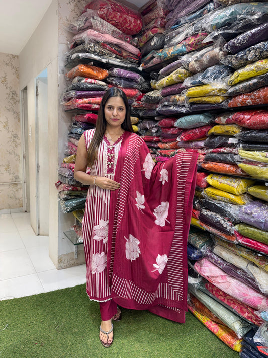 Pure Jaipuri Cotton 3Pc Set V Neck Pattern Stripe print White or Wine Color