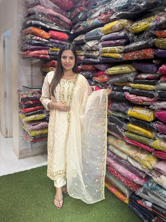 Pure Jamdani Weaving Fabric With Schiffli Work 3pc Set Cream Color