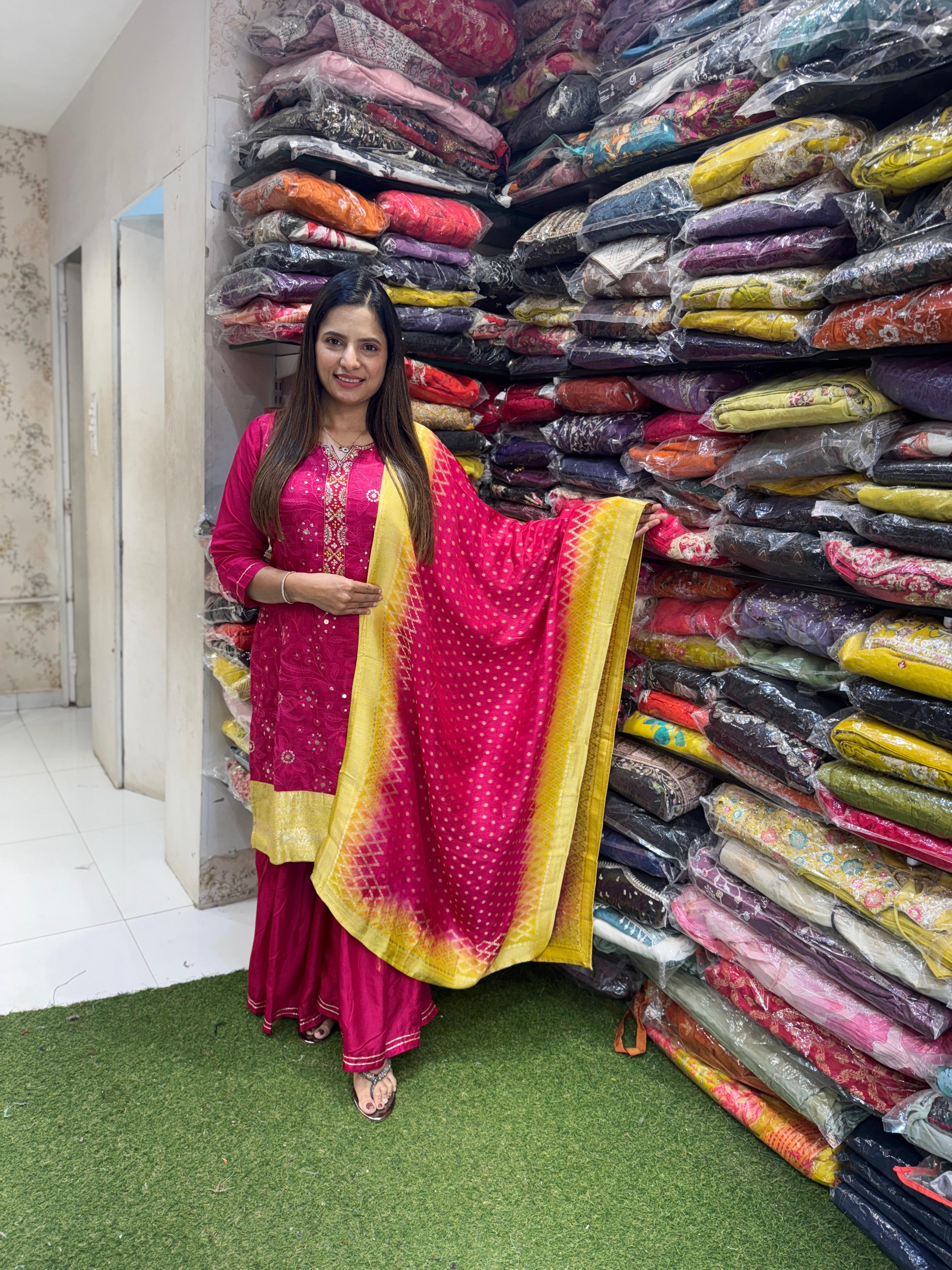 Pure Dola Silk Thread Work 3pc Set Bottom Plazzo Rani Pink Color