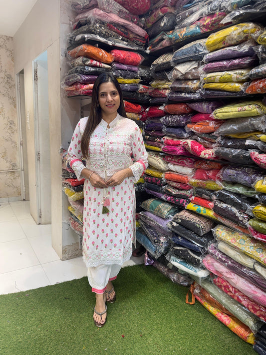 Pure Jaipuri Cotton Embrodeiry Thread Work Floral Print With Jacket 3pc Set White Color