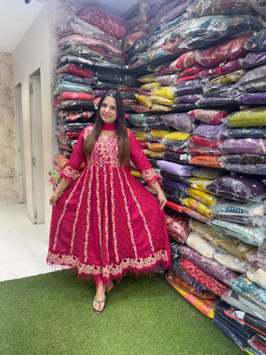 Pure Viscoce Embrodeiry Lace Work Anarkali 3pc Set Ruby Red Color