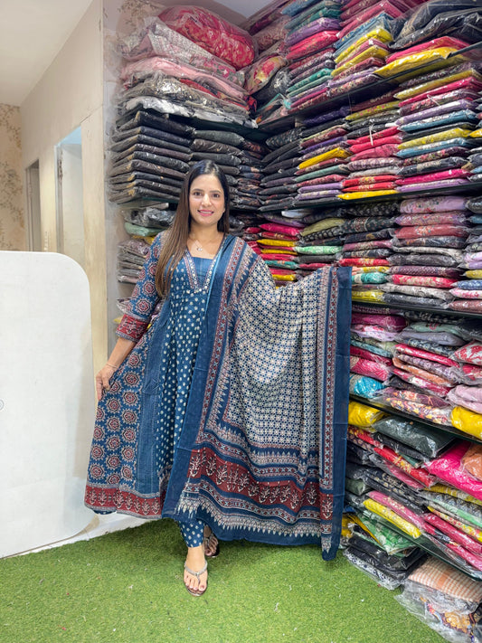 Pure Jaipuri Cotton Hand Block Print Teal Blue Color