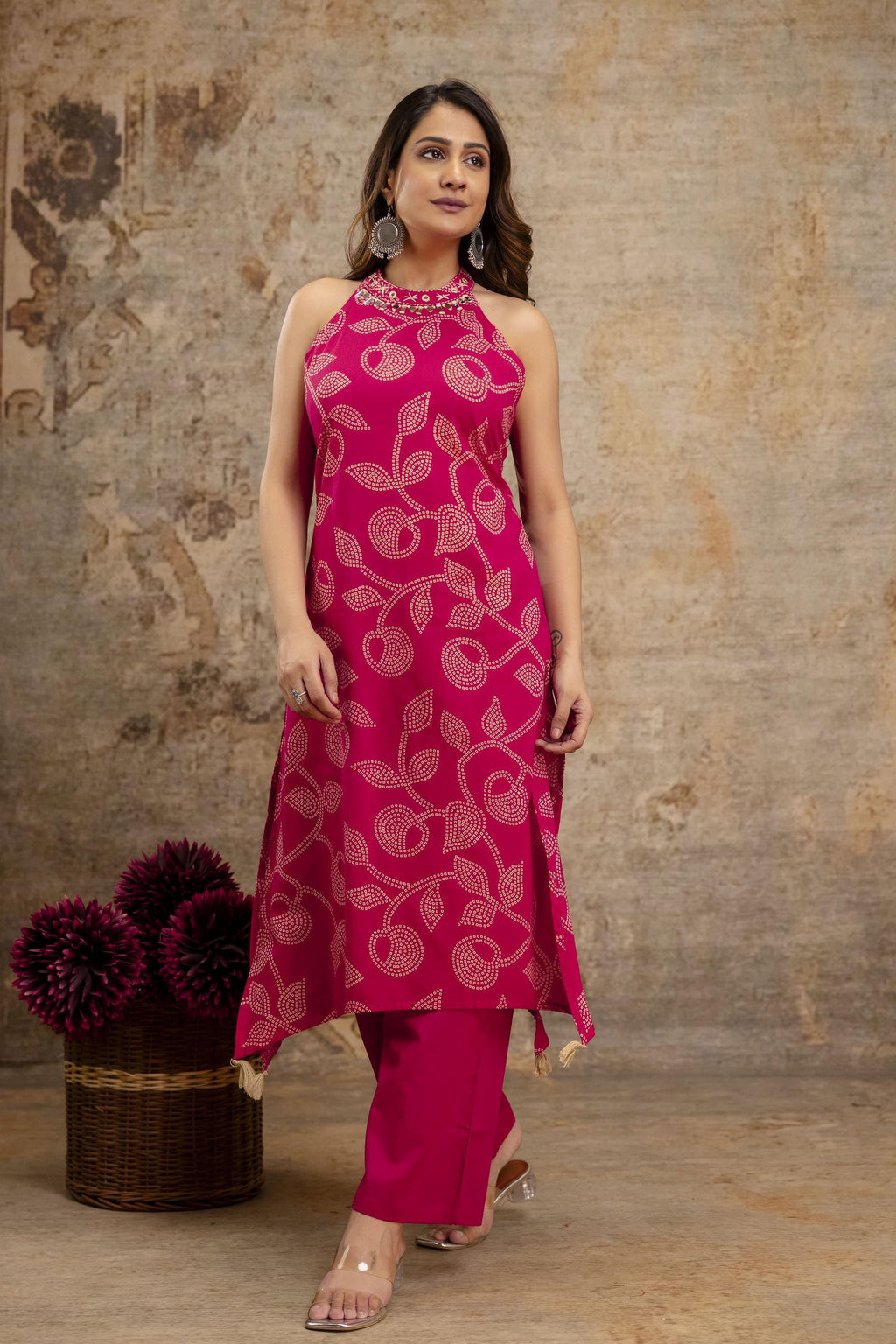 Cotton Bandhej HalterNeck Coordset-Rani Pink color